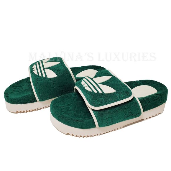GUCCI MENS SHOES ADIDAS X GG GREEN COTTON SPONGE PLATFORM SANDAL SLIDE sz 9 9.5 - Picture 3 of 16